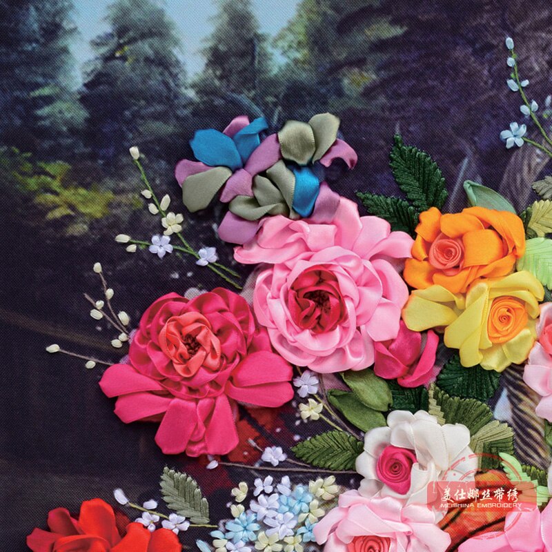 DIY Needlework Silk Ribbon Embroidery Floral Paintings kits 3D Cross Stitch Painting Sets Sewing Arts Crafts Decor C-0244