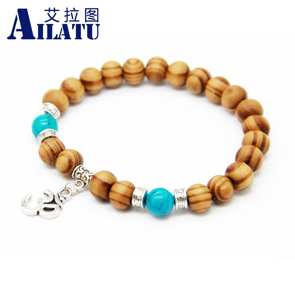 Ailatu 8mm Wood Beads Fatima Hand Hamsa Bracelets, OM Yoga Jewelry