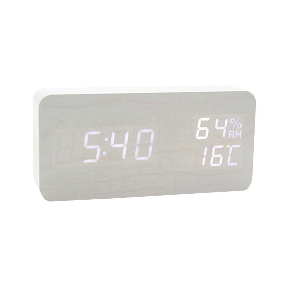 Multifunction Electronic LED Wooden Alarm Clock Digital Voice Control Temperature and Humidity Clock 15cm x 4cm x 7cm: White