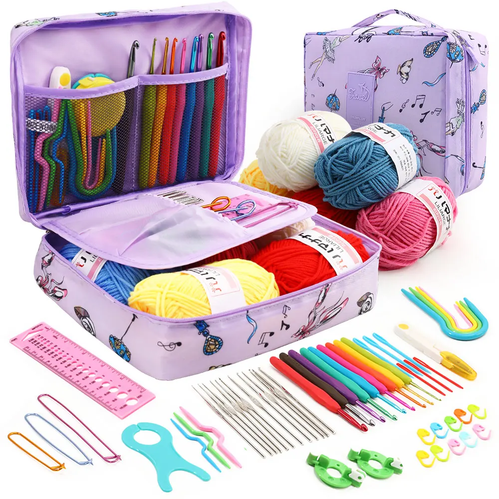 KOVEEN 59 pièces/ensemble ensemble de tricot au Crochet Portable bricolage débutant Kit de Crochet avec sac de rangement matériel Pack et outils de rangement: Bleu profond