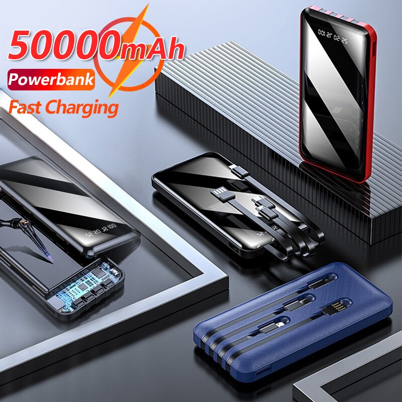 50000Mah Draagbare Power Bank Met Lcd Digitale Display Led Zaklamp Ingebouwde 4 Kabels Draagbare Externe Batterij Snel opladen
