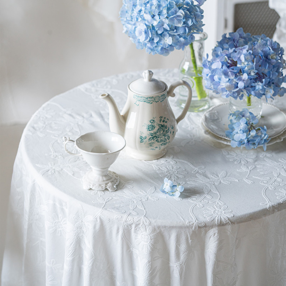 Baumwoll-Tischdecke mit Rüschen für Hochzeit, Zuhause, Party, Esszimmer, Bankett, Dekoration, Blumenstickerei, aufbringen, Teetischschutz, 자 Sverd Como