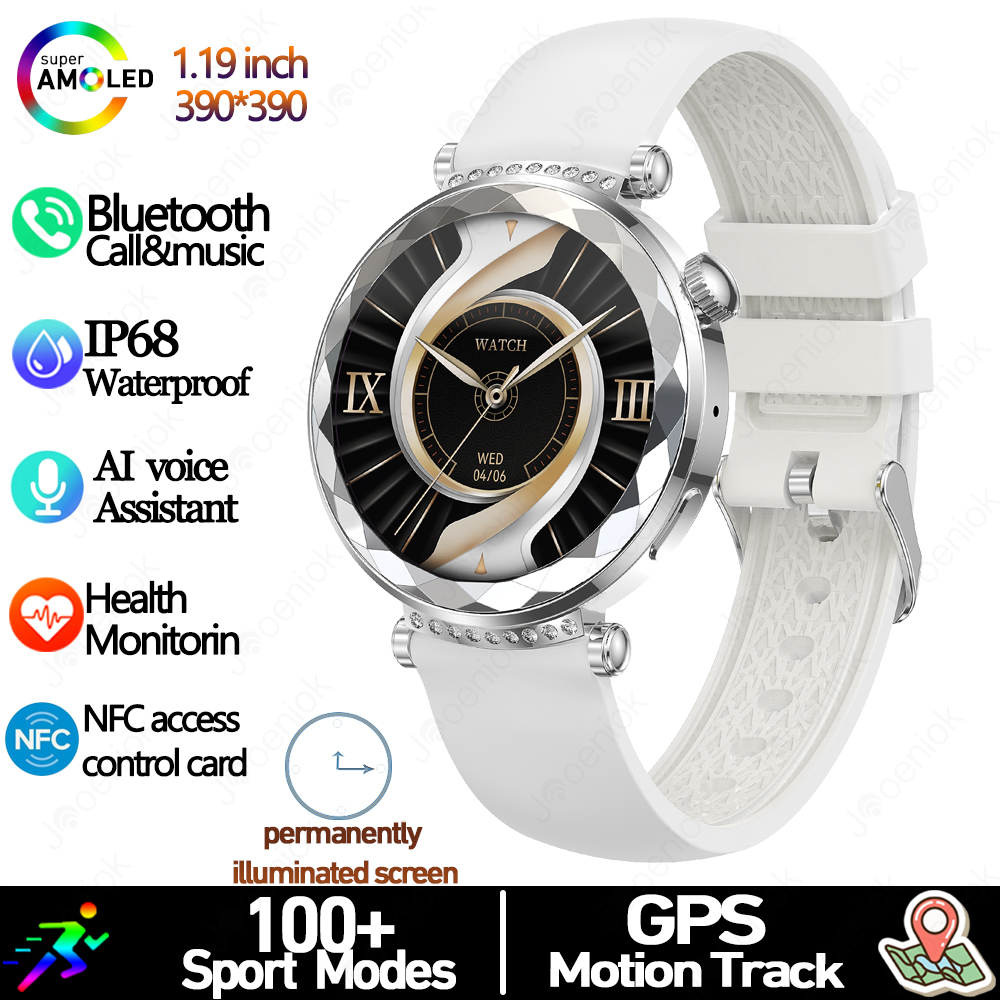 Novo relógio inteligente feminino presente amoled tela hd freqüência cardíaca esporte fitness à prova dwaterproof água mostrador personalizado bt chamada smartwatch para android ios: Branco