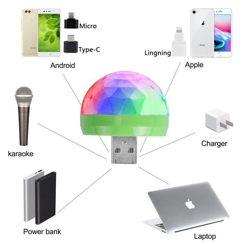 Usb  dc5v färgglada scen ljus musik kontroll bil dekoration atmosfär lampa röststyrning ktv dj disco lampor för iphone android