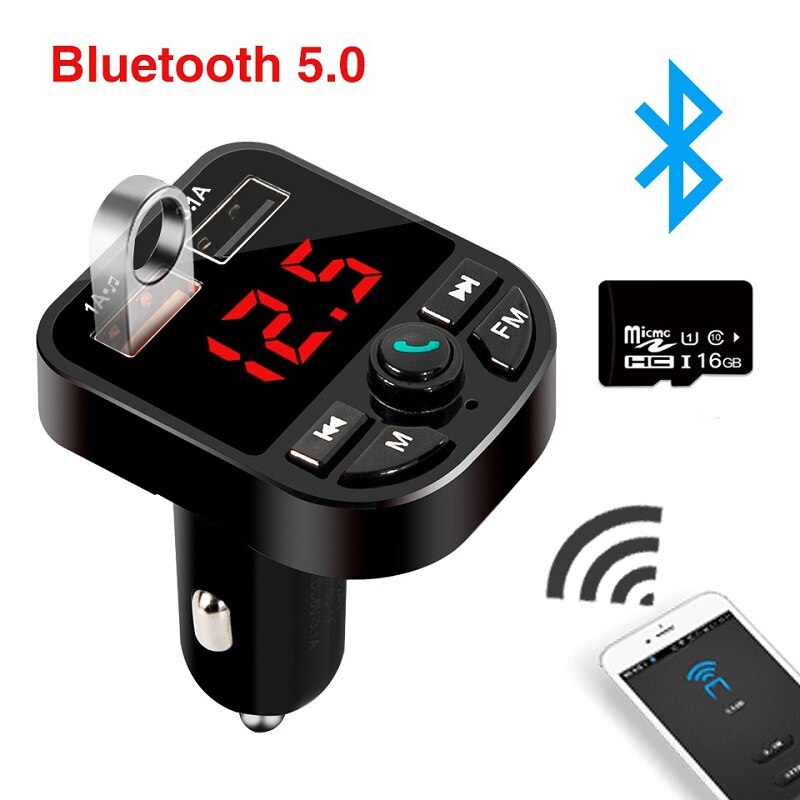 Håndfri trådløse fm-sendere bluetooth 5.0 lcd 3.1a lader usb bil  mp3 spillere bluetooth 5.0 fm sendere: Med 16g tf-kort