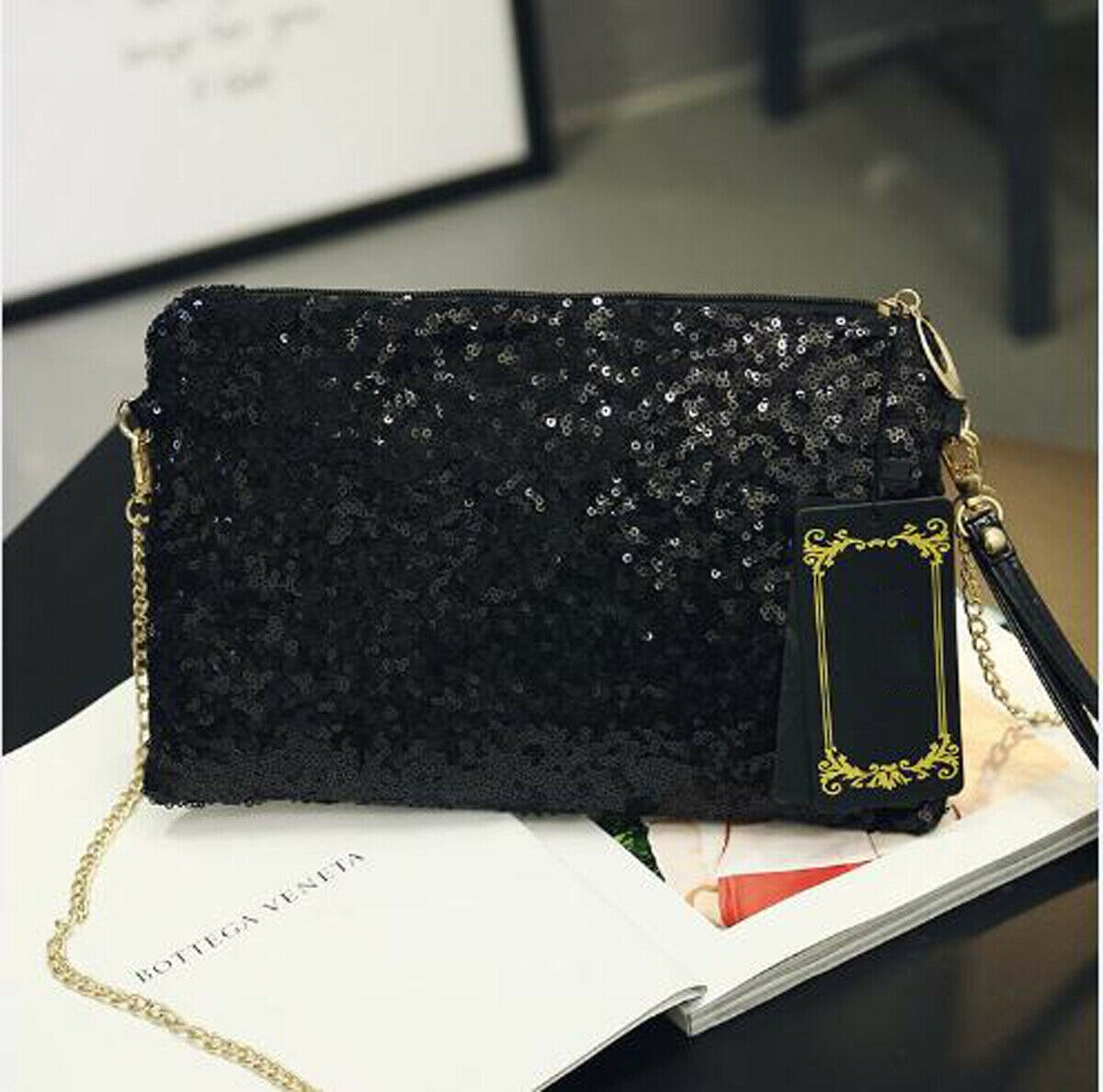 Dames clutch met pailletten, dinertas, glanzende portemonnee, draagbare schoudertas met ketting: Zwart