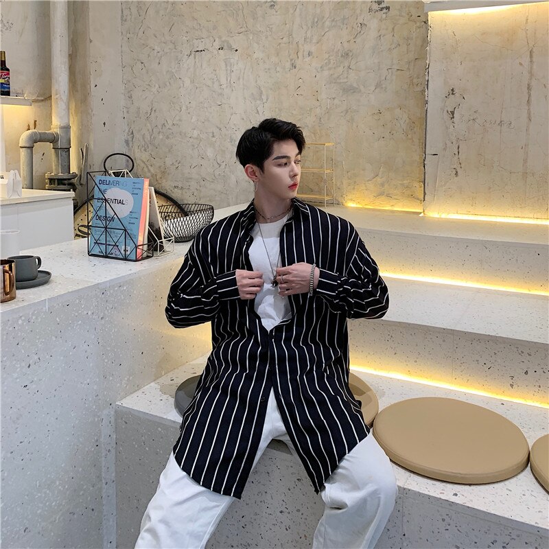 Hombres Streetwear Hip Hop suelta Casual camisas a rayas de hombre camisa de manga larga estilo playa prendas de vestir exteriores Cardigan