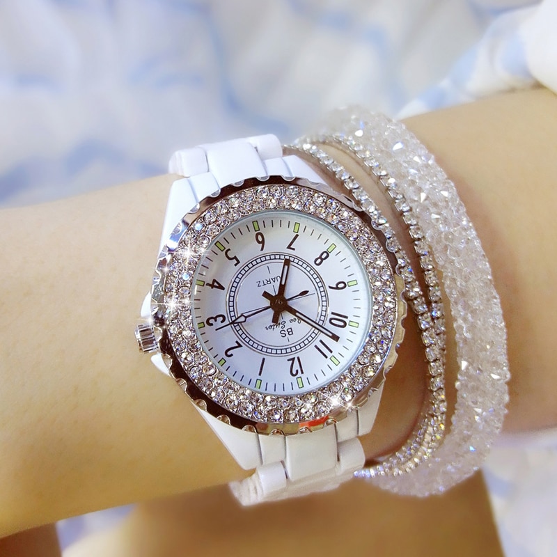 Bs Ceramic Watch Women Famous Brand Dress Female Wristwatch White Women Wrist Watches Rhinestone Clock