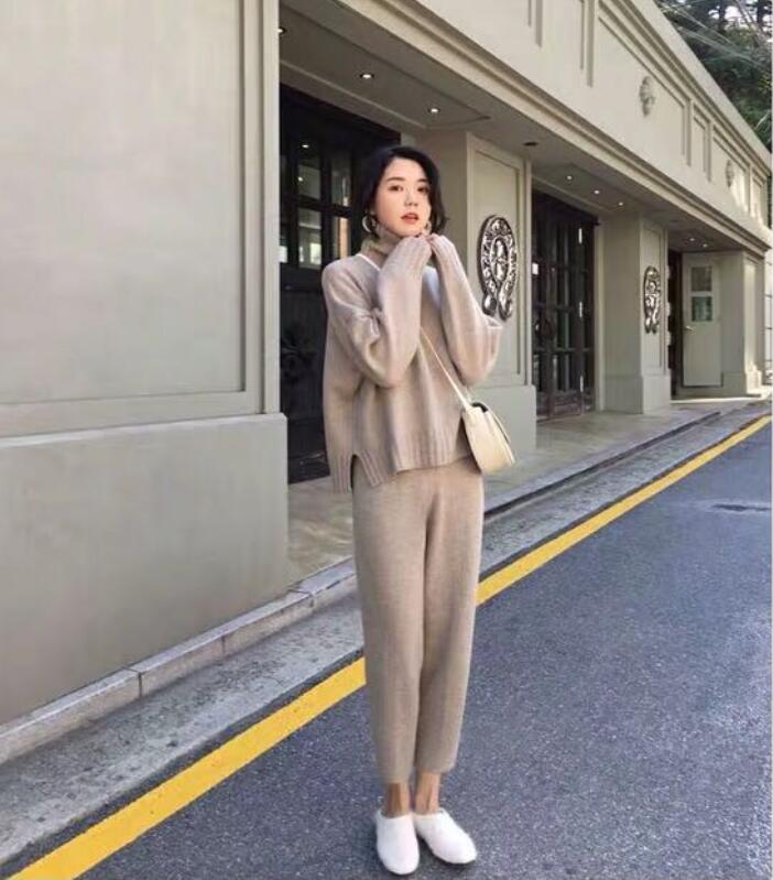 Huan-Qing Women's Vintage Knit Tracksuit Set - Turtleneck Sweater Top + Pants