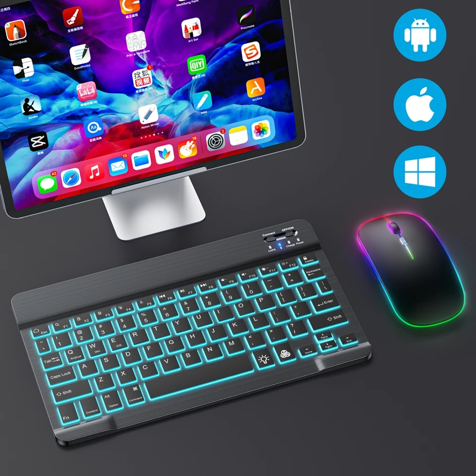 RGB-Bluetooth-Tastatur- und Maus-Set, kabelloses Mini-Tastatur- und Maus-Set, wiederaufladbare russische Tastaturen, 25,4 cm, für iPad-Tablet