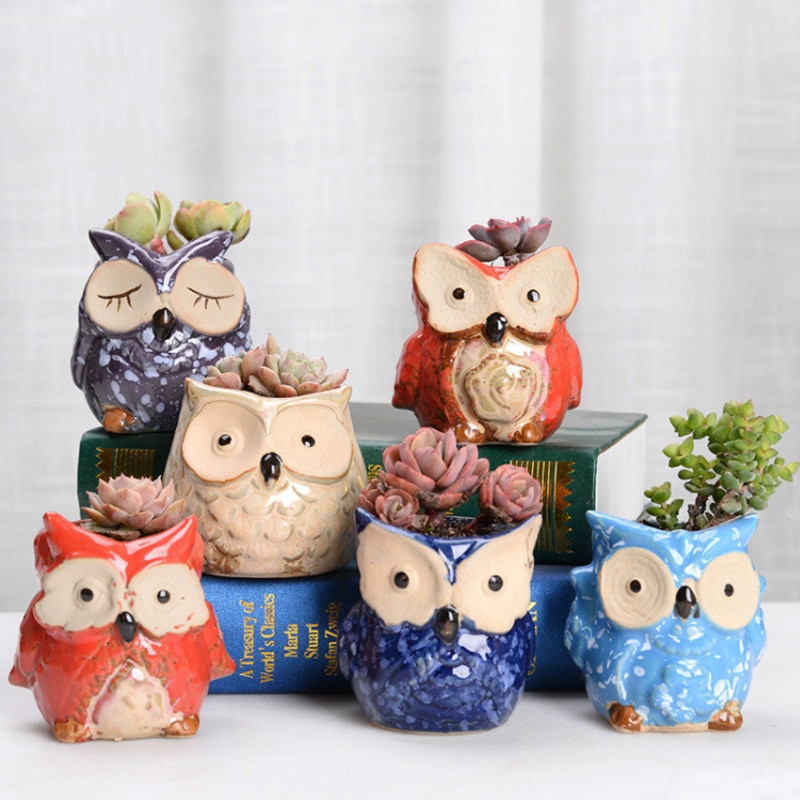 6 pièces en céramique hibou Pots de fleurs jardinières coulant glaçure Base série ensemble en céramique planteur bureau Pot de fleur mignon Plante succulente