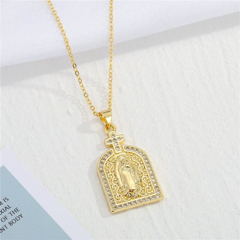 1 Pc Kleurrijke Maagd Maria Ketting Voor Vrouwen Sieraden Vintage Hollow Shiny Zirkoon Ronde Geometrische Hanger Sleutelbeen Keten N698-33: xiaoshizijia