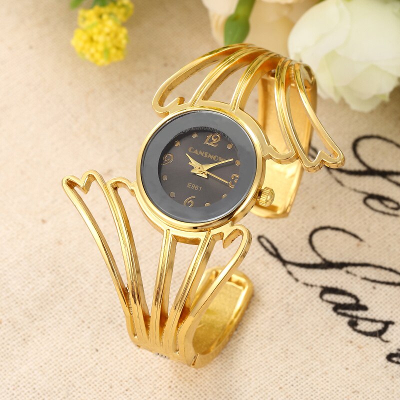 Women Dress Watches Luxury Special Wing Shape Ladies Rose Gold Bangle Bracelet Watch Simple Quartz Clock Relogio: Gold Black