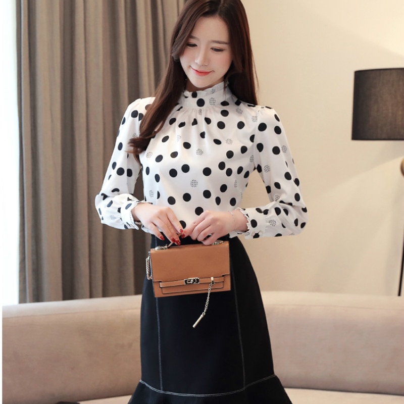 Blusa informal de Chifón con manga larga para otoño, camisa de talla grande con lunares y cuello levantado para mujer,