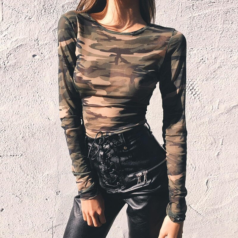 Zomer Gym Vrouwen Yoga Shirt Mesh Camouflage Lange Mouwen Skinny Fitness Running Wandelen Trainning Ademend Top Zonnebrandcrème: green / S