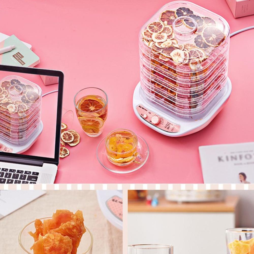 Mad dehydrator frugt grøntsager krydderurter kød tørretumbler kæledyr snacks mad tørretumbler med 5 bakker 220v pink hvid
