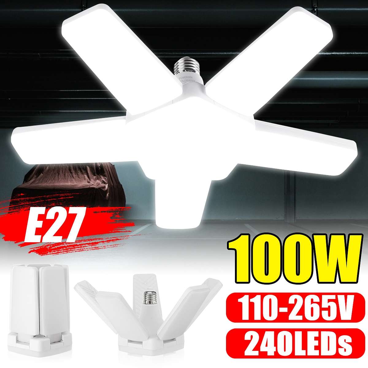 100W Garage Lamp Vervormen Licht Opvouwbare Fan Blade Led Hanglamp E27 Lamp 360 Graden Hoek Verstelbare Plafondlamp AC110-265V