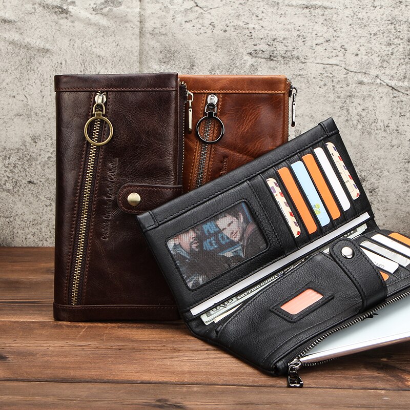 CONTACT'S 100% Genuine Leather Men Wallet Multifunction Long Purse with Coin Pocket Zipper Cartera Male Card Holder Rfid Wallets