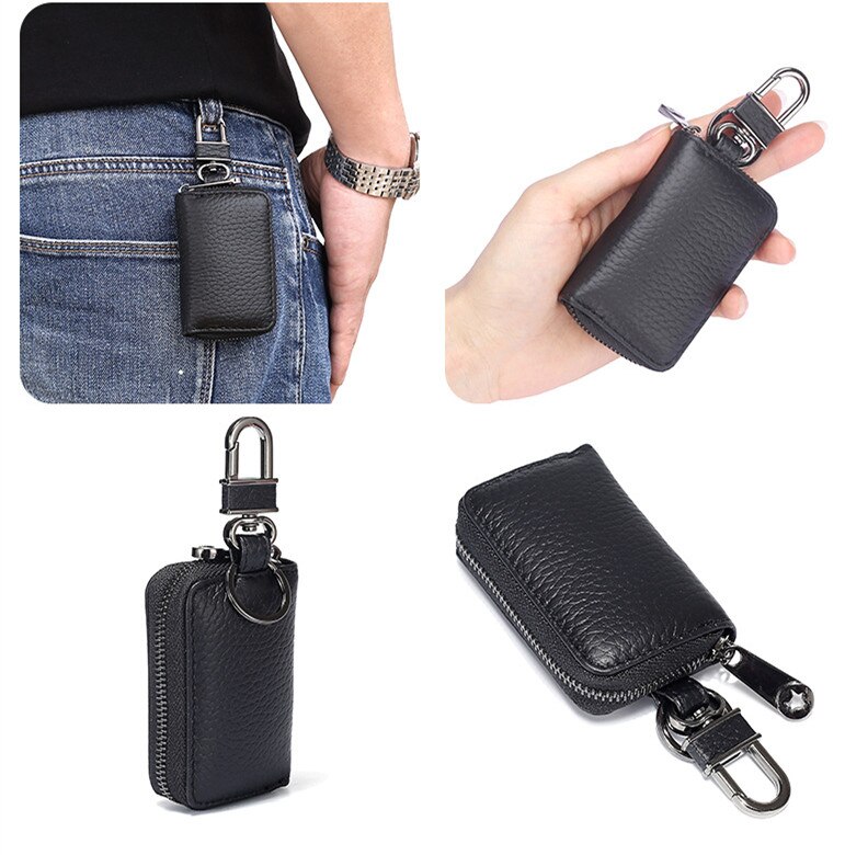 Bolso pequeño para llaves para hombre y mujer, Cartera de cuero auténtico, organizador de llaves, cartera de la llave del coche: Black