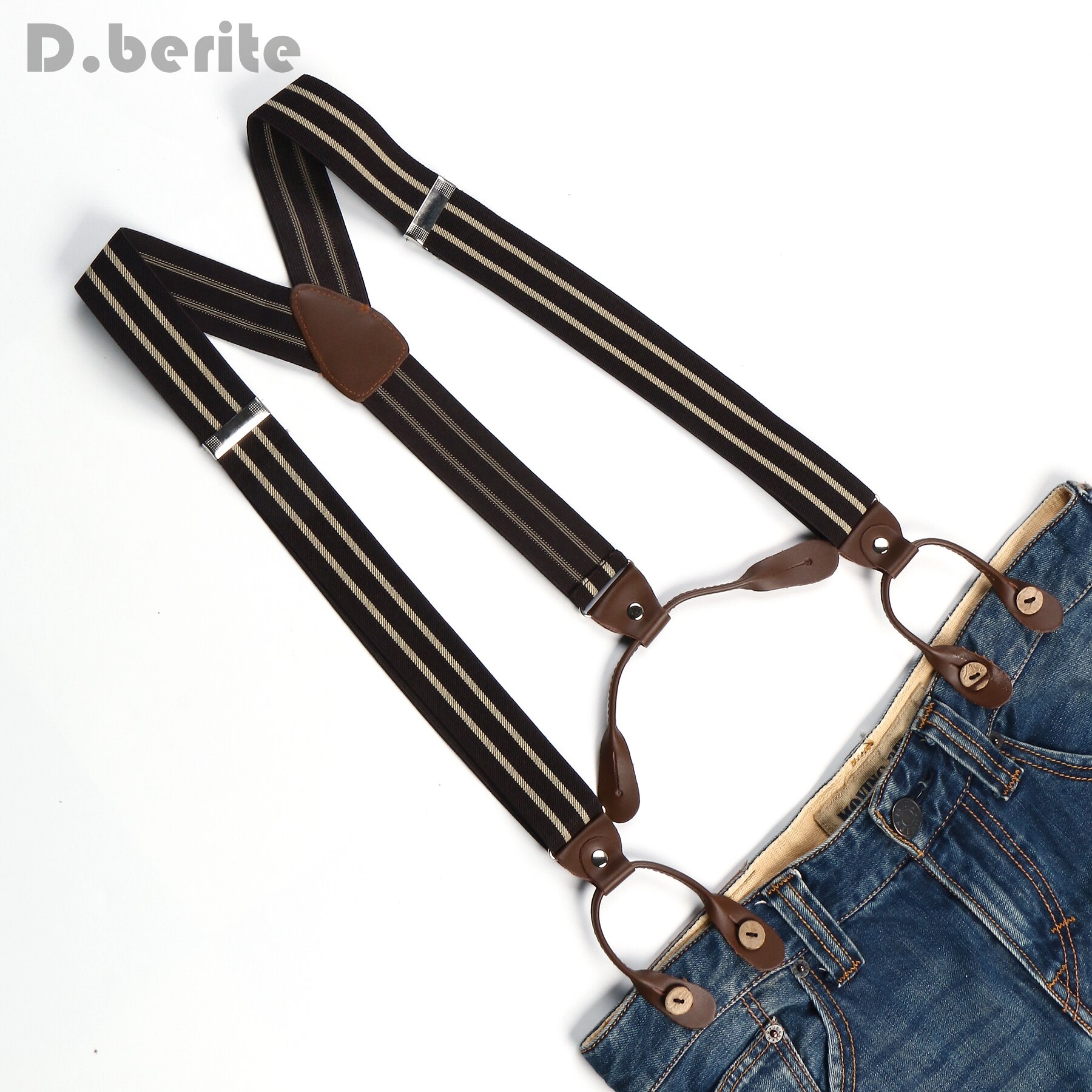 Braces Suspender Adjustable Leather Fitting Six Button Belt Dark Coffee Beige Striped Braces BD756