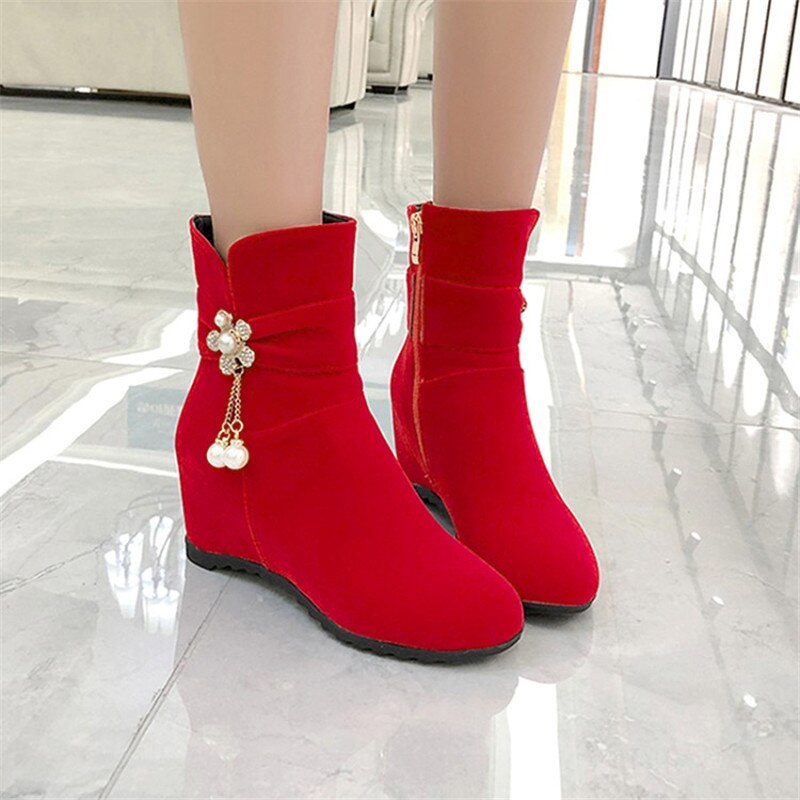 PXELENA fleur douce perle chaîne mariée mariage bottes chaussures d'hiver caché talons hauts Faux daim troupeau bottines rouge 43