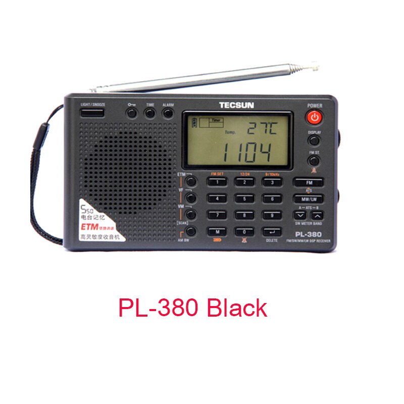 Tecsun pl -380 pl380 radio digital pll bærbar radio fm stereo / lw / sw / mw dsp modtager radio: Sort