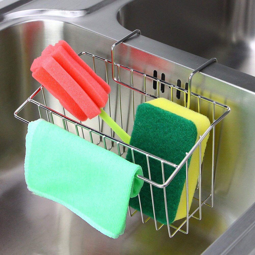 Køkken opbevaringsstativ i rustfrit stål svampholder vask børste sæbe afløbsholder hks 99