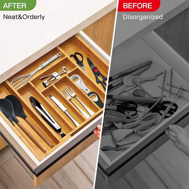 Kitchen Expandable Bamboo Wood Cutlery Storage Tray Drawer Retractable Organizer Adjustable for Cooking Utensils 7 Sections Box