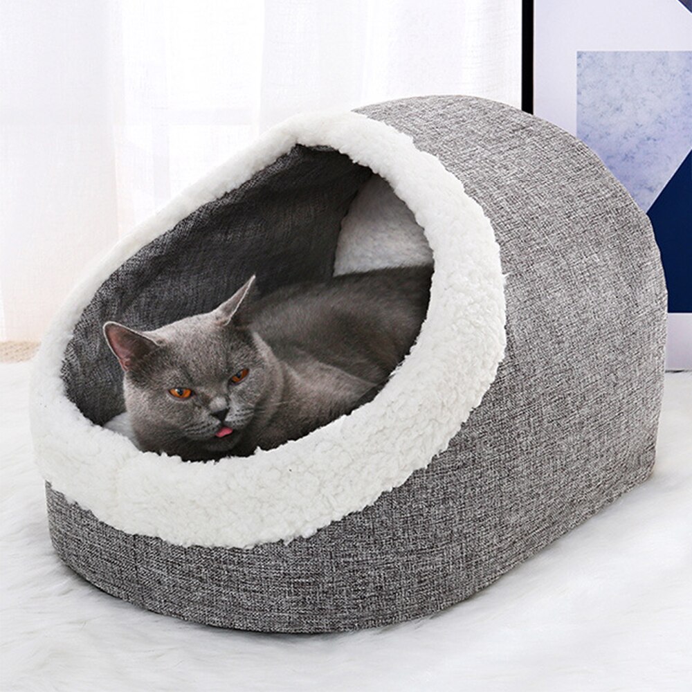 Hiver lavable lit pour animaux de compagnie chat grotte lit laine chat panier avec coussin gratuit oreiller lit pour chien chats coussin pour animaux de compagnie dans les fournitures de chat: Grey