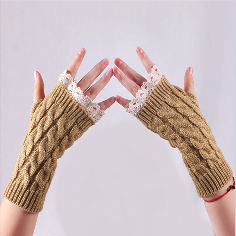 Manchons en laine pour femmes, protège-poignets allongés en dentelle, couleur unie, tricot , gants chauffe-bras, demi-doigt, hiver