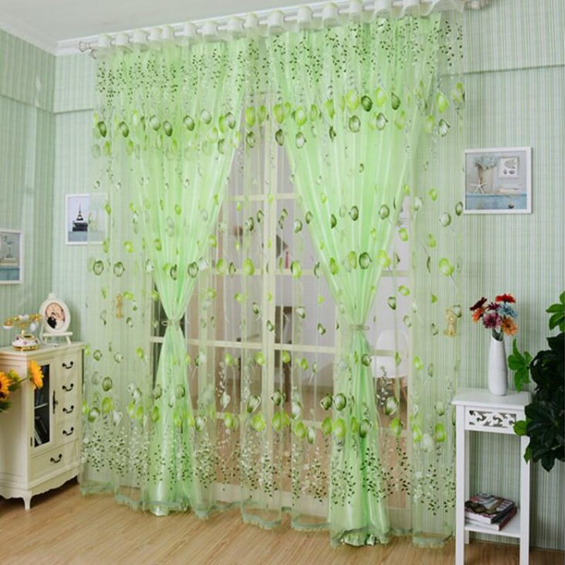 Cortinas de tul de tulipán para dormitorio de niños, visillo moderno de color púrpura para puerta, cocina y ventana, sombreado solar, 100x200cm: Verde