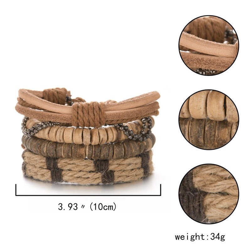 4 pezzi combinazione bracciale da uomo Set corda marrone perline di legno di cocco bracciali in pelle intrecciata per uomo regalo gioielli Pulsera Hombre