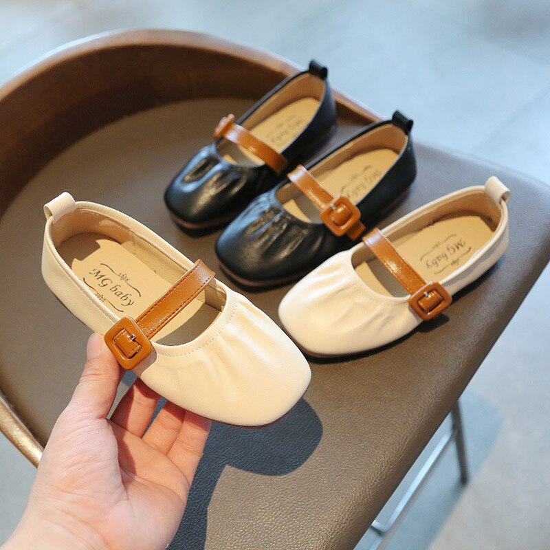 Little Girls' Princess Pu Leather Shoes Spring Kids Soft Flat Single Shoes Student Children Waterproof Shoes E526