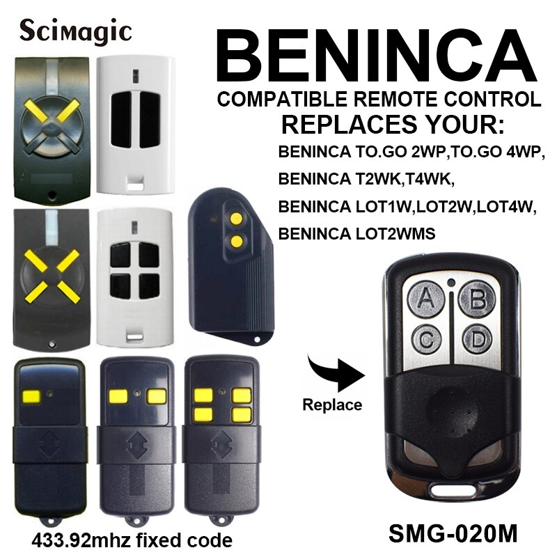 433.92MHz télécommande pour BENINCA IO.2WV / T2 WV / CUPIDO-4 / TO.GO 2WK / BENINCA TO.GO 2WP / BENINCA T2WK / BENINCA LOT2WMS