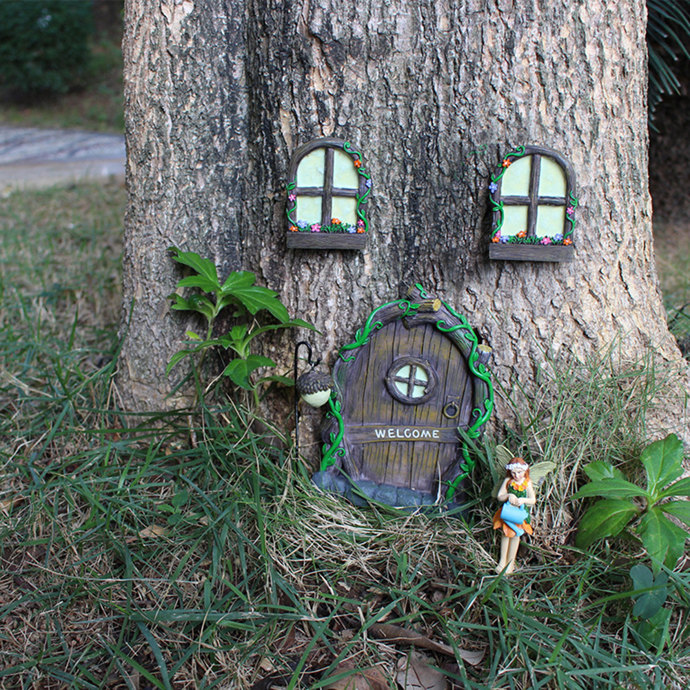 Resin Miniature Fairy Gnome Window Door Elf Garden Sculpture Statues Tree Decor for Yard Art Sculpture Statue Outdoor Decor