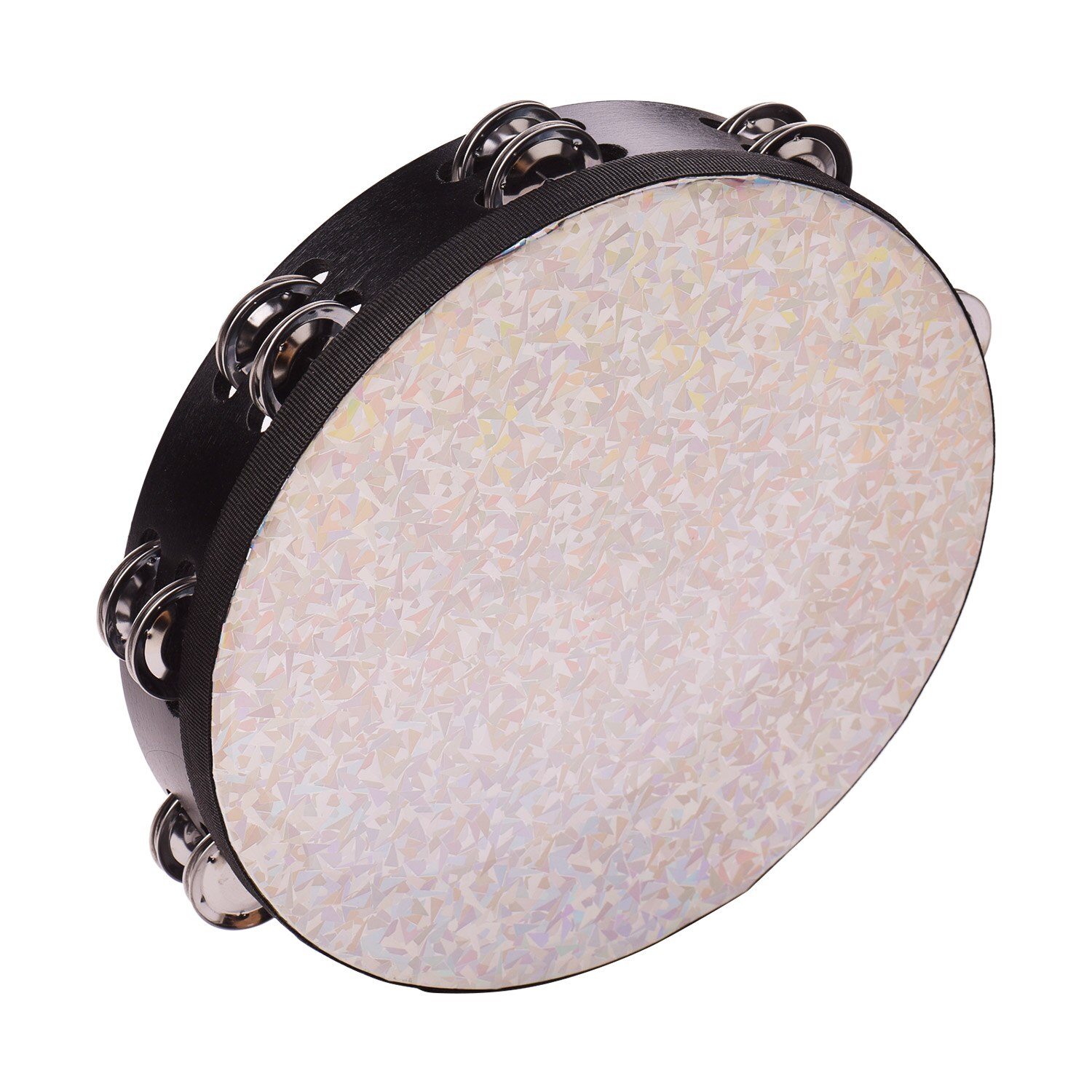 Pandereta de madera radiante de 10 pulgadas, tambor de mano con dobles hileras, Jingles, instrumento de percusión con cabezal de tambor reflectante brillante