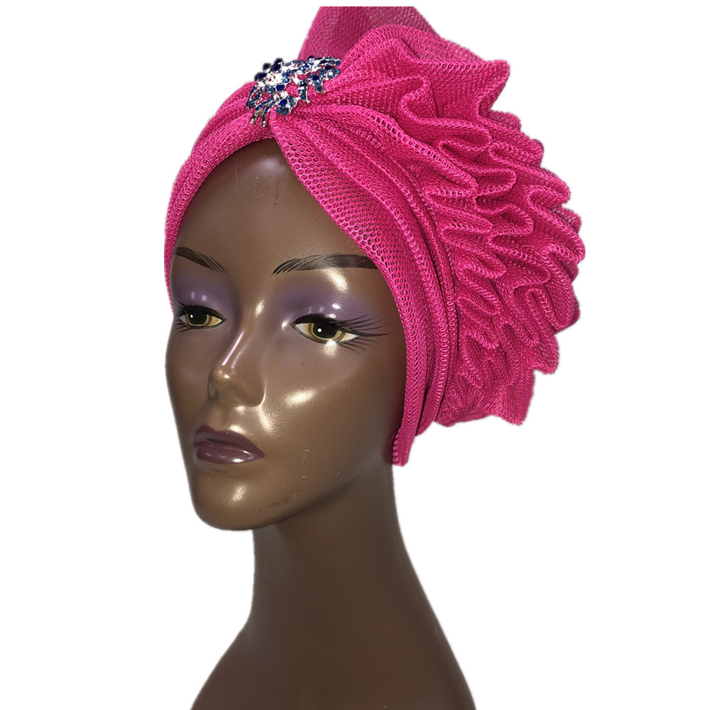 Blue Aso Oke Gele African Headtie Already Made Gele Head Wrap Ladies Hat auto headtie Muslim aso oke gele-: 8