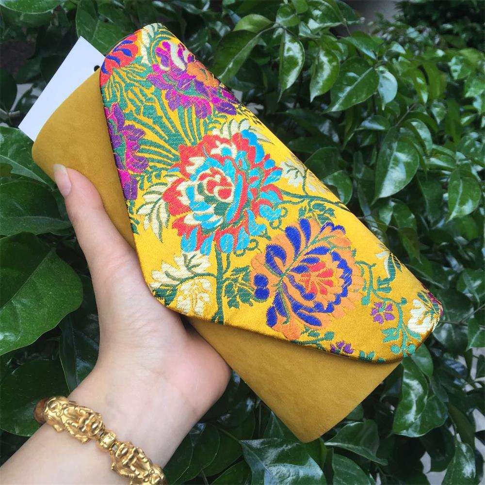 Womens Leuke Kleine Bloem Geborduurde Silklike Fluwelen Clutch Evening Clutch Purse Bag Vrouwen Etnische Bloem Kettingen Partij Handtas