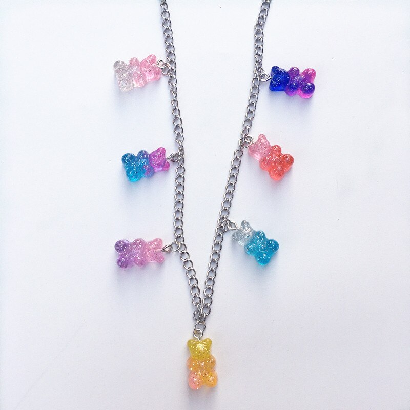 HUANZHI Cute Gummy Bear Colorful Sweet Lovely Bracelet Cool Long Chain Alloy Metal Line Necklace for Women Jewelry Party