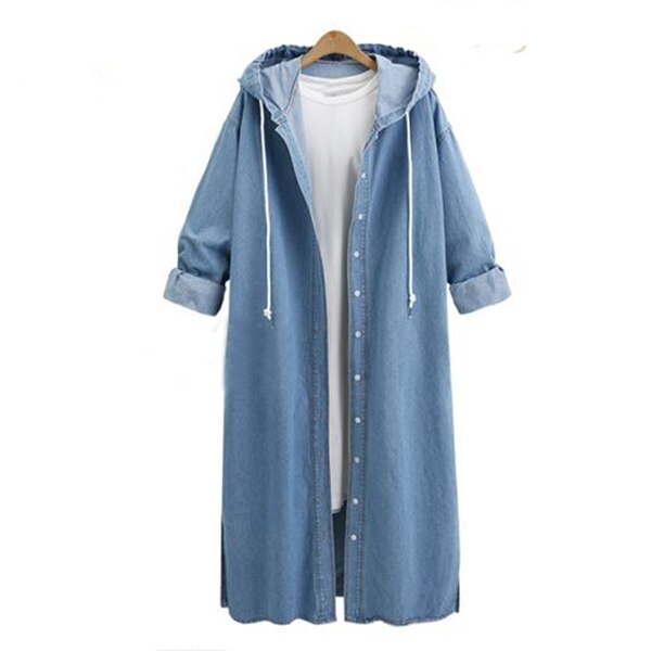 Women Loose Long Sleeve Hooded Denim Jacket Coat Ladies Casual Buttons Long Jean Coat Cardigan Outwear Tops