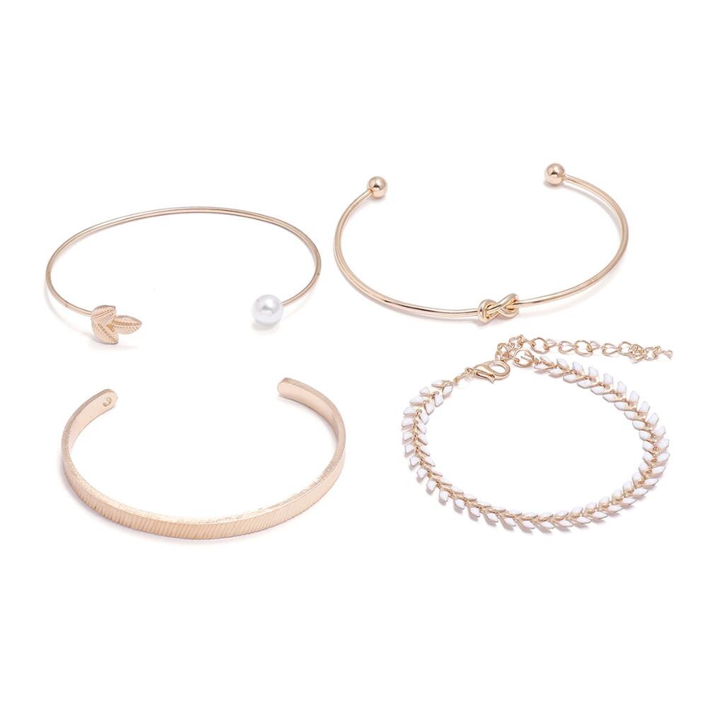 Sindlan-Conjunto de pulseras abiertas con perlas de oro Vintage para mujer, 4 Uds., nudo bohemio, brazalete con dije para chicas, joyería de muñeca