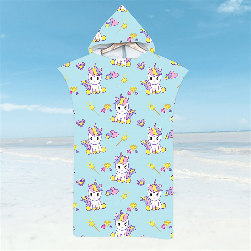 Cartoon Eenhoorn Badjas Strandlakens Sneldrogende Badhanddoek Lichtgewicht Microfiber Kapmantel Zwemmen Surf Volwassen Meisjes Poncho: Sky Blue