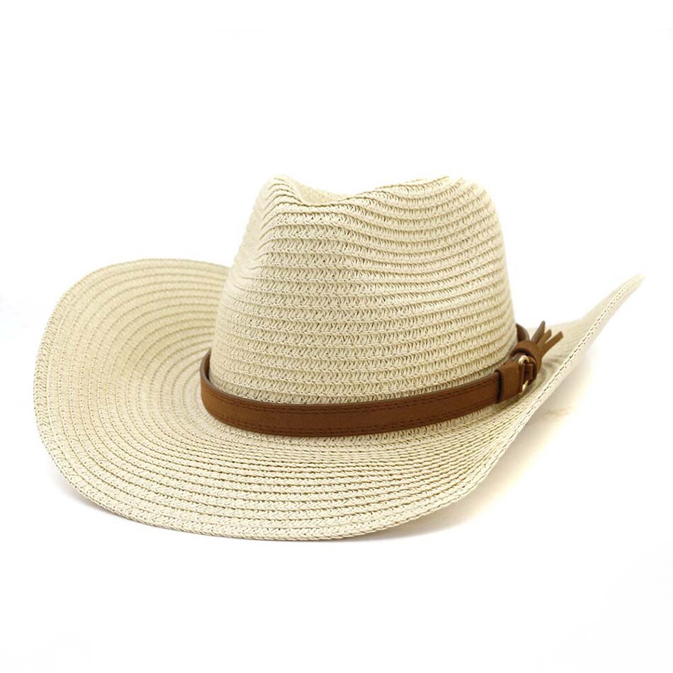 HOAREE, sombrero de vaquero de verano para hombre, sombrero de paja azul marino para el sol con cinturón, sombrero ancho Vintage para mujer, gorros de vaquera para decoración de playa, sombreros UV: Beige