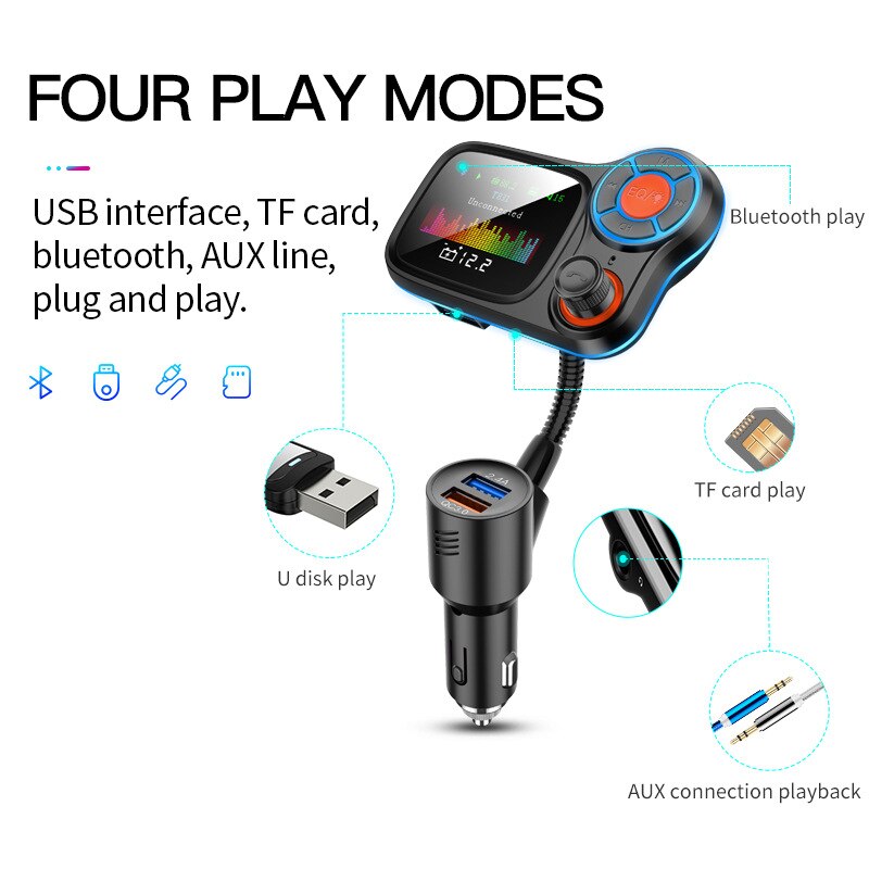 Transmisor FM con Bluetooth inalámbrico para coche, adaptador de Radio de coche inalámbrico con pantalla a Color con carga QC3.0 y 2.4A