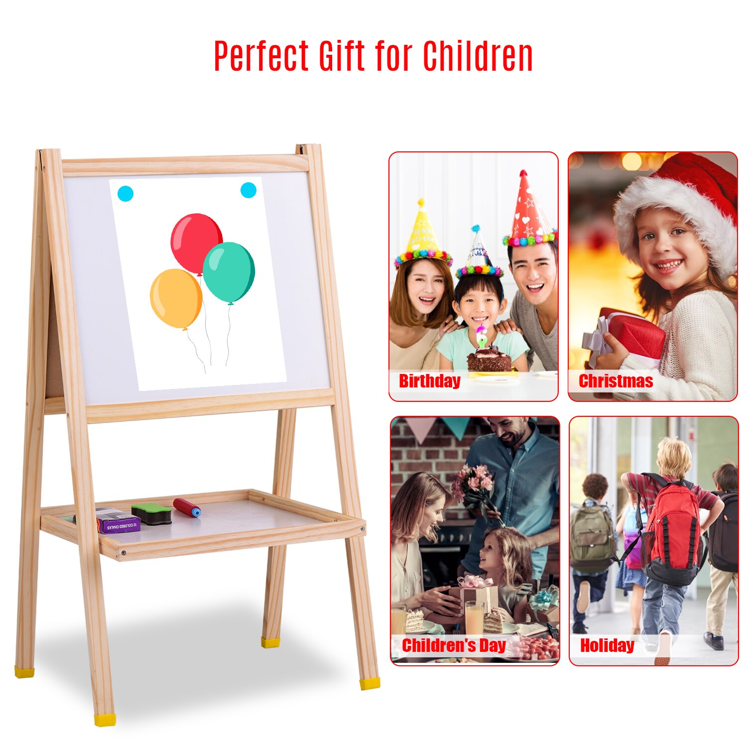 Wooden Art Easel Magnetic Double-Sided Chalkboard & Dry Erase Board Standing Easel Easy to Assemble with Storage Shelf