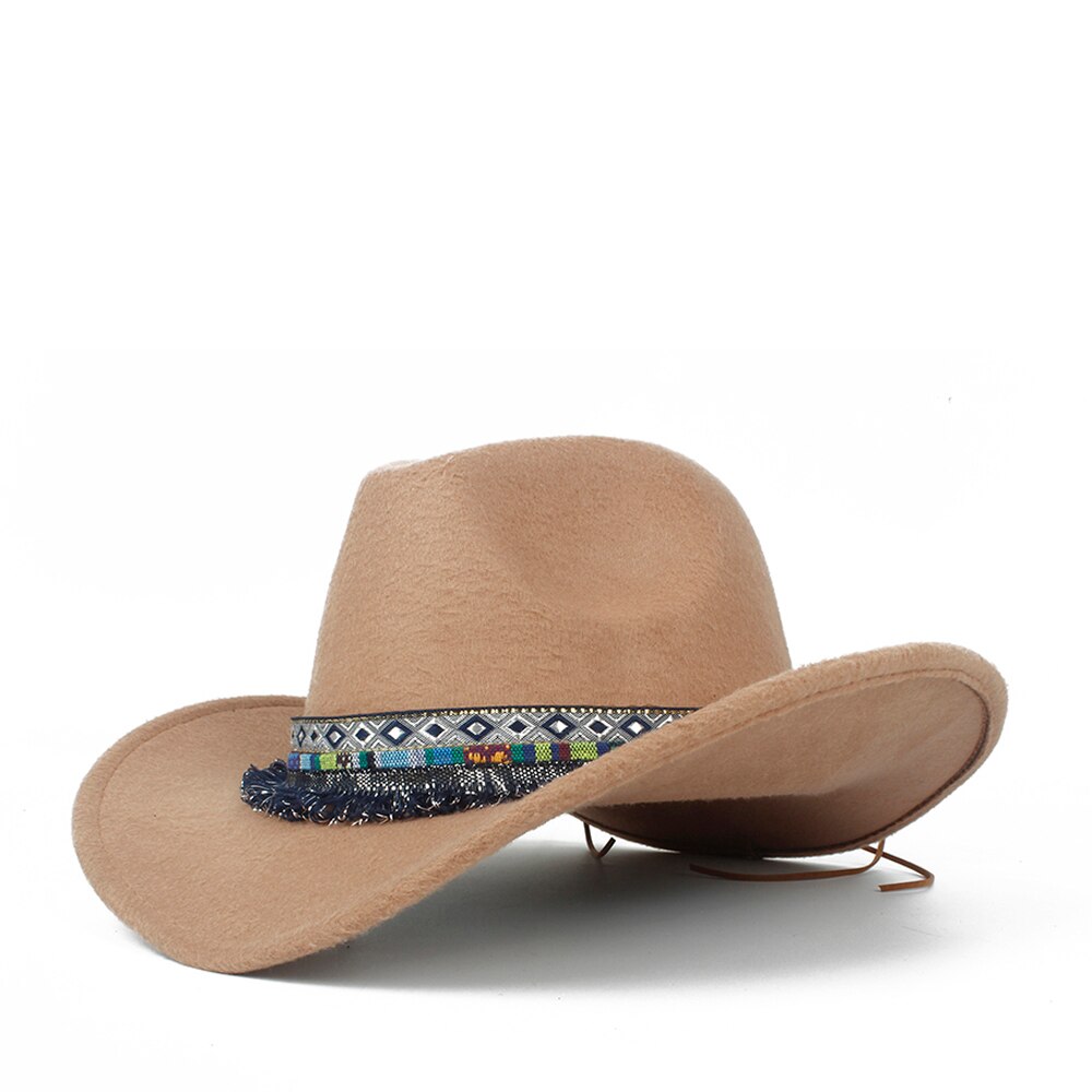 Kvinder uld hul western cowboyhat roll-up skygge dame outblack sombrero hombre jazz kasket størrelse 56-58: Khaki