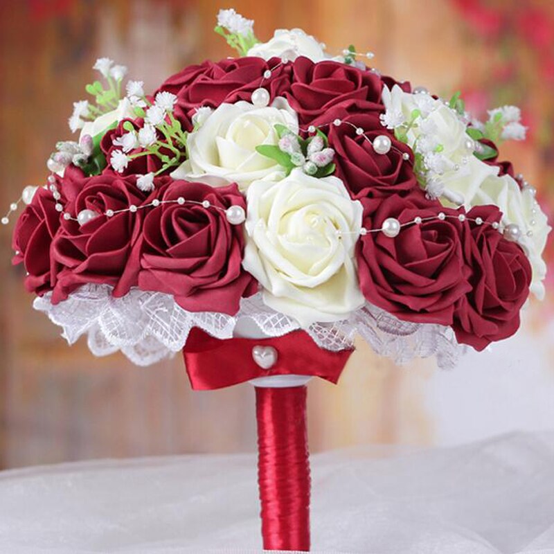 Bouquet de mariage magnifique avec des roses et des perles, blanc, Rose, violet, corail, rouge, bordeaux, pour demoiselle d&#39;honneur