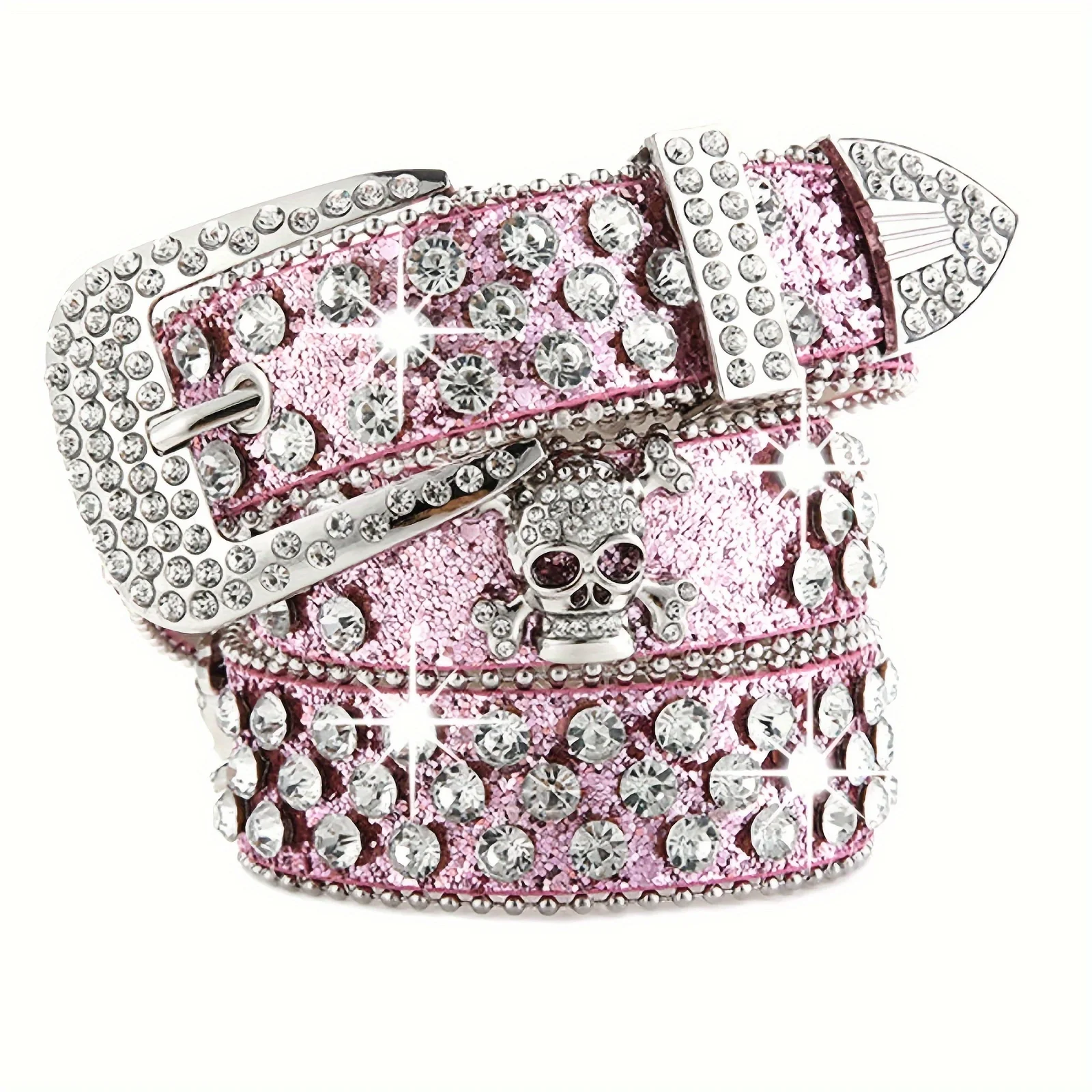 Skull Rivet Rhinestone Bb Belts Trendy Solid Color Sparkling PU Leather Belt Cowboy Cowgirl Jeans Pants Belt For Women Girls