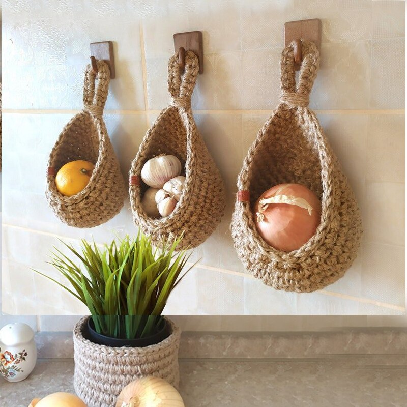 Wall Hanging Vegetable and Fruit Basket Natural Wicker Woven Fruit Basket Kitchen Table Wall Hanging Storage Basket Dry Shelf2pc