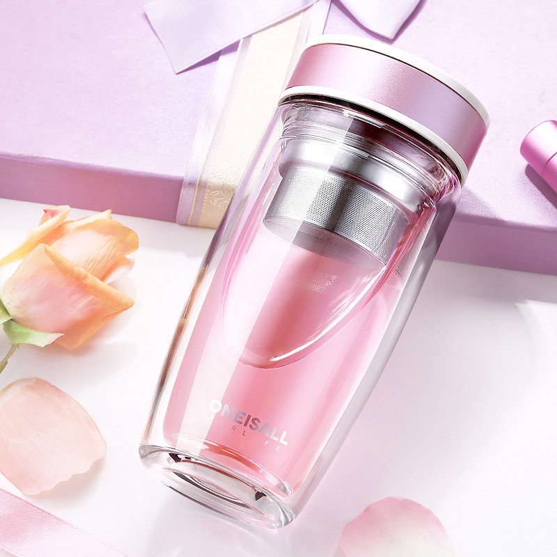 ONEISALL 380 ML Glas Mok met thee Filter Glazen Beker Business Hittebestendig Kopje Thee met Infuser Water Fles tumbler Roze